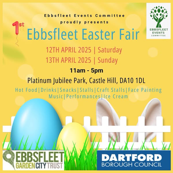 Yellow flyer with bunny ears, easter eggs, and information about the Easter Fair