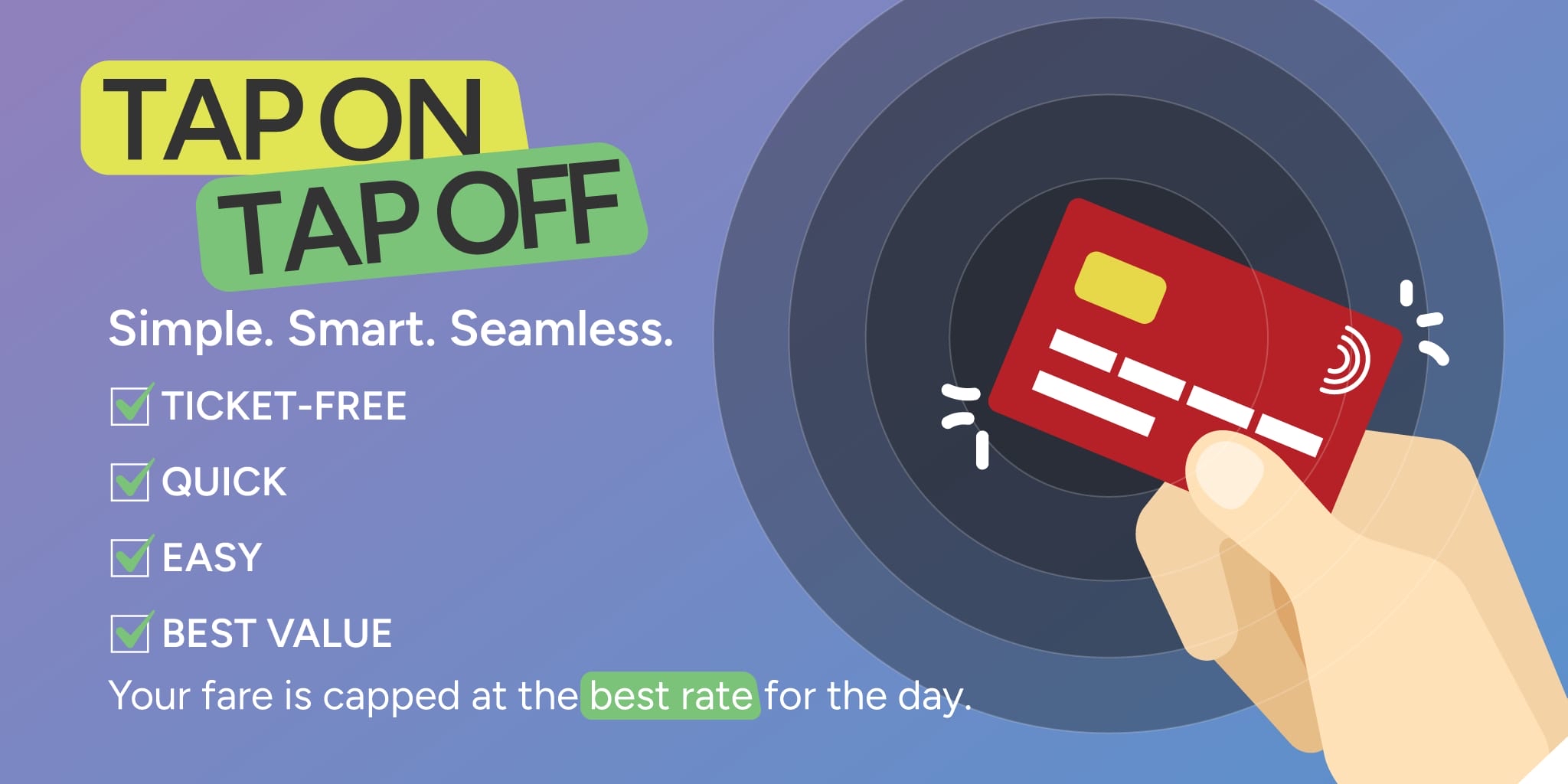 Tap On Tap Off. Simple, Smart, Seamless. Ticket-free, quick, easy, best value. Your fare capped at the best rate for the day