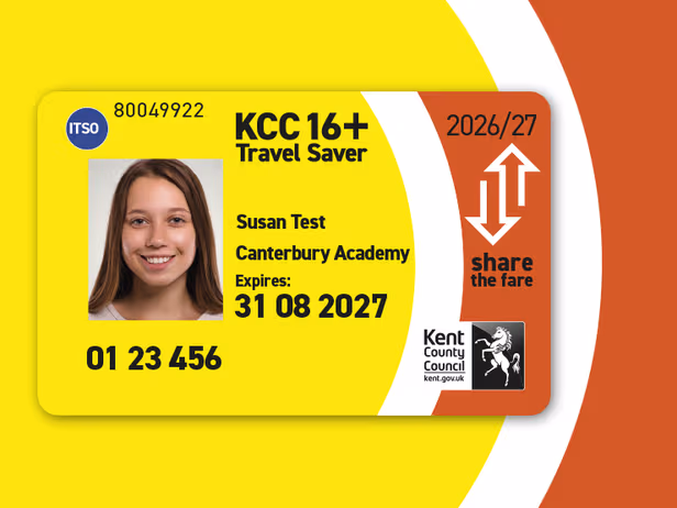 Kent Travel Saver for 16 to 18 year old children coloured yellow for the 2026 to 27 academic year