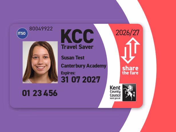 Kent Travel Saver for under 16 year old children coloured purple for the 2026 to 27 academic year