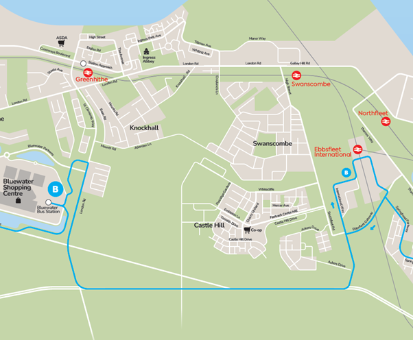 A map showing the new route that Service B will take between Bluewater shopping centre and Ebbsfleet International station, non-stop along the A2 road