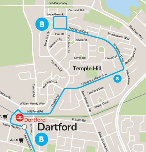 A map showing the new routing that Service B will take between Dartford Home Gardens and Temple Hill via Littlebrook Manor Way and Henderson Drive.