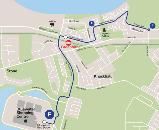 Map of the route of the new Service F, between Ingress Park, Greenhithe station and Bluewater shopping centre